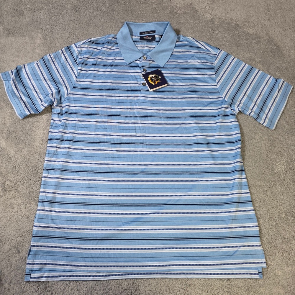 Allen Solly Mens L Polo Shirt Blue Striped Double Mercerized Cotton Short Sleeve